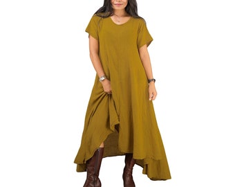 Women's Irregular Gold Camel Dress * Cotton Asymmetrical * Bohemian Boho * Long Maxi High Low Hemline * Plain Solid Color