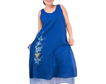 Plus Size Hand-Painted Cotton Maxi Dress: Dark Ocean Blue Floral Tunic