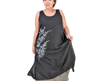 Maxi Black Dresses for Women * Floral Cotton * Shift Tunic * Plus Size * Summer Sleeveless * Lined Hand Painted