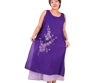 Purple Maxi Dress for Women * Floral * Shift Tunic * Plus Size * Summer Sleeveless * Lined Hand Painted
