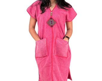 Thai Traditional Tunic Dress * Pink Soft Cotton *  Short Sleeve Knee length V-neck * Authentic Asian Decorative * S-M