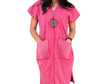 Thai Cotton Tunic Dress: Pink Denim-look, Embroidered Patch, S-M