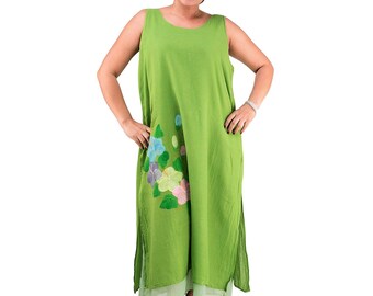 Apple Green Maxi Cotton Dress * Floral * Shift Tunic * Plus Size * Summer Sleeveless * Lined Hand Painted