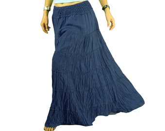 Falda escalonada de algodón azul marino: estilo bohemio maxi acampanada con encaje.