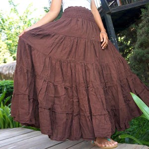 Brauner Baumwollrock * Boho * Ausgestelltes Gestufte Maxi * Einfarbig * Tiefer Gummibund