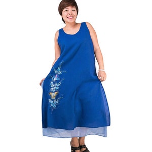 Plus Size Hand-Painted Cotton Maxi Dress: Dark Ocean Blue Floral Tunic