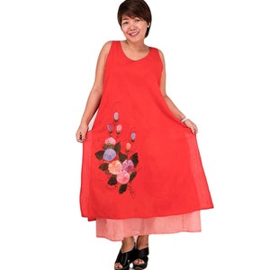 Handbemalte Floral Baumwolle Maxi Kleid : Plus Size Ärmellose Tunika