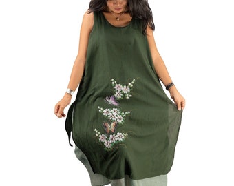 Dark Green Maxi Cotton Dress * Casual Summer Dress * Cover Up Beach Dresses * Maternity Lined Hand Painted