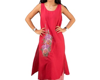Dark Red Cotton Floral Maxi Dress * Shift Tunic * Plus Size * Summer Sleeveless * Lined Hand Painted