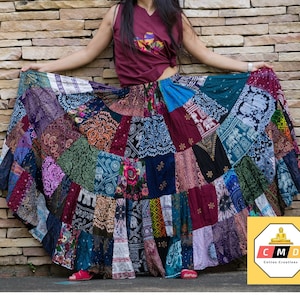 Patchwork Skirt Long Boho Hippie Tiered in 100% Silky Rayon Maxi Full & Flared Multicolored M XL Sizes image 4