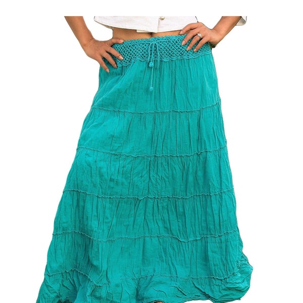 Turquoise Cotton Skirt * Long Tiered Boho Skirts * Peasant Hippie * Maxi Flared * Plain Solid Colors * Medium/Large