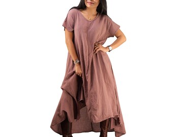 Women's Irregular Dusky Pink Dress * Cotton Asymmetrical * Bohemian Boho * Long Maxi High Low Hemline * Plain Solid Color