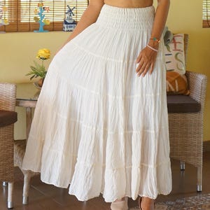 Jupe en coton crème * Longue bohème * Maxi évasée à plusieurs niveaux * Couleur unie unie * Taille profonde élastiquée