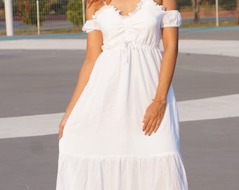 White Cotton Dresses * Long Maxi Length * Summer Spring * Spaghetti Straps * Lace Trim * Buttons Bodice