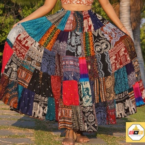 Patchwork Skirt Long Boho Hippie Tiered in 100% Silky Rayon Maxi Full & Flared Multicolored M XL Sizes image 1