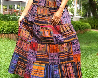 Boho Patchwork Cotton Maxi Skirt: Tiered Hippie Style