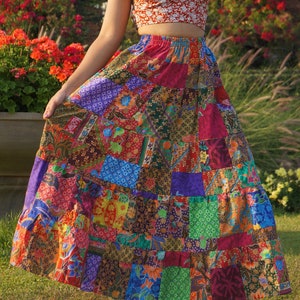 Patchwork Skirt * Bohemian Hippie Style * Long Maxi Length * Colorful Bright Multicolored * Cotton * Women * Medium