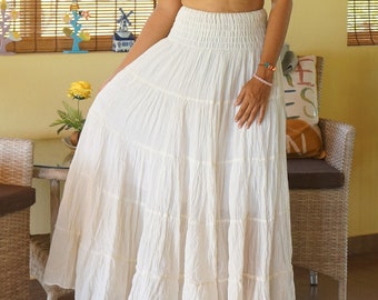 Cream Cotton Skirt * Long Boho * Flared Tiered Maxi * Solid Plain Color * Elasticated Deep Waistband