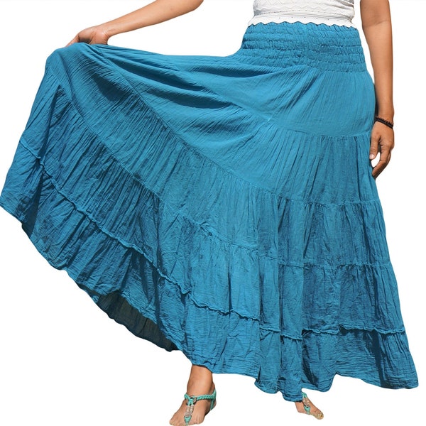 Blue Cotton Skirt * Long Boho * Flared Tiered Maxi * Solid Plain Color * Elasticated Deep Waistband