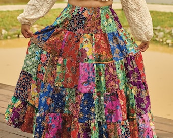 Maxi jupe en patchwork * Style bohème hippie * Longue florale colorée lumineuse multicolore * Coton * Femmes * Moyenne à grande