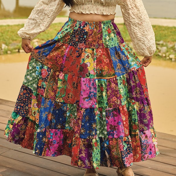 Patchwork Maxi Skirt * Bohemian Hippie Style * Long Floral Colorful Bright Multicolored * Cotton * Women * Medium to Large