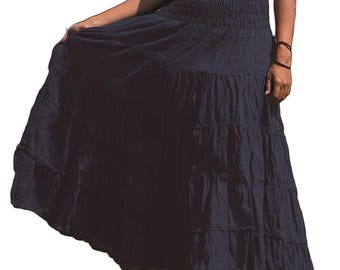 Schwarzer Baumwollrock * Langer Boho Maxi * Ausgestellter weicher Stufen * Einfarbiger Uni-Farbe * Elastischer tiefer Bund
