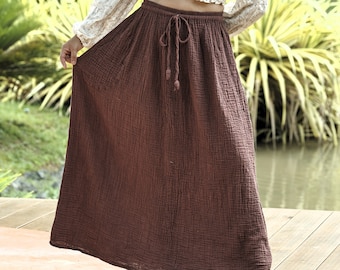 Brown Maxi Boho Skirt * Long Salu Cotton Skirts for Women * Drawstring Waist * Flared Full Length * One Size Regular