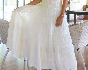 White Cotton Skirt * Long Boho  * Flared Tiered Maxi * Solid Plain Color * Elasticated Deep Waistband