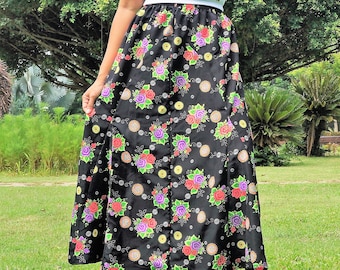 Black Skirt * Multicolor Floral * Maxi Boho * Luminous Colors * Summer Festival * Elasticated Waist * Small