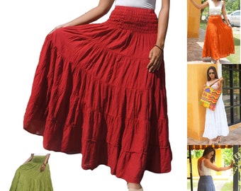 Long Boho Cotton Skirts * Flared Tiered Maxi * Solid Plain Colors * Smocked Elasticated Deep Waistband