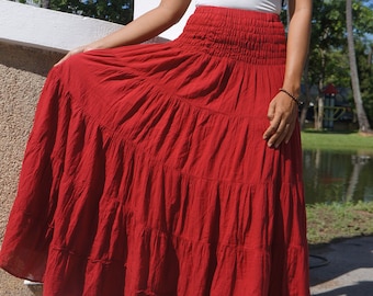 Red Cotton Skirt * Long Boho * Flared Tiered Maxi * Solid Plain Color * Elasticated Deep Waistband