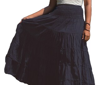 Black Cotton Skirt * Long Boho Maxi * Flared Tiered Soft * Solid Plain Color * Elasticated Deep Waistband