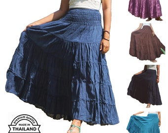 Long Boho Cotton Skirts * Flared Tiered Maxi * Solid Plain Colors * Smock Elasticated Deep Waistband