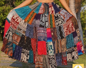 Patchwork Skirt * Long Boho Hippie Tiered in 100% Silky Rayon * Maxi Full & Flared * Multicolored * M - XL Sizes