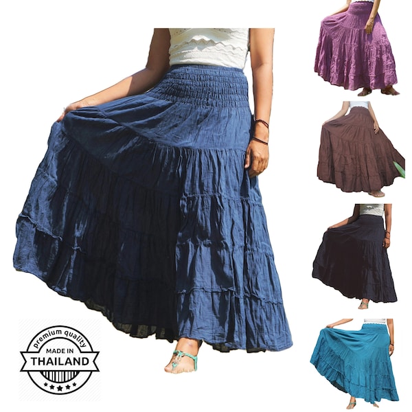 Long Boho Cotton Skirts * Flared Tiered Maxi * Solid Plain Colors * Smock Elasticated Deep Waistband