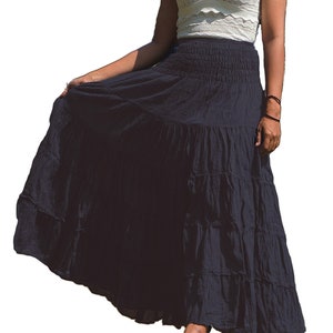 Black Cotton Skirt * Long Boho Maxi * Flared Tiered Soft * Solid Plain Color * Elasticated Deep Waistband