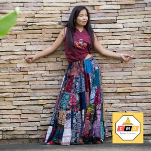 Patchwork Skirt Long Boho Hippie Tiered in 100% Silky Rayon Maxi Full & Flared Multicolored M XL Sizes image 3