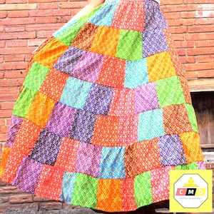 Patchwork Skirts * Cotton * Batik Bohemian Hippie Style * Long Maxi Length * Colorful Bright Pastel Multicolored * Women * Medium Large