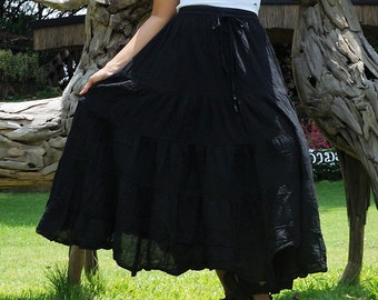 Black Boho Skirt * Soft Flowing Cotton * Flared Tiered Maxi * Solid Plain Colors * Elasticated Waistband