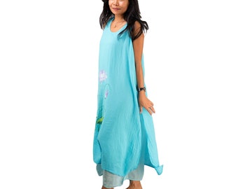 Hand-Painted Floral Cotton Maxi Dress: Sky Blue Plus Size Cover-Up