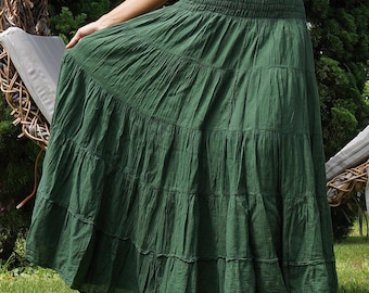 Boho gerimpelde katoenen maxi-rok: lange uitlopende gelaagde groene rok