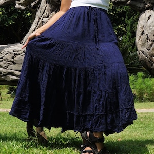 Navy Blue Boho Skirt * Soft Flowing Cotton * Flared Tiered Maxi * Solid Plain Colors * Elasticated Waistband