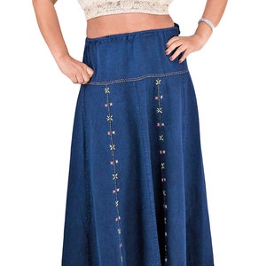 Embroidered Floral Denim Cotton Skirt: Indigo Blue A-Line