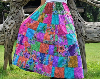 Patchwork Skirt * Cotton * Batik Bohemian Hippie Style * Long Maxi Length * Colorful Bright Pastel Multicolored * Women * Medium Large