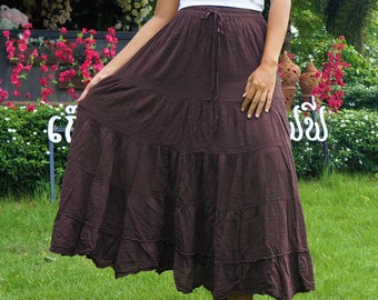 Brown Boho Skirt * Soft Flowing Cotton * Flared Tiered Maxi * Solid Plain Colors * Elasticated Waistband