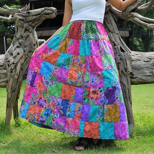 Patchwork Skirt * Cotton * Batik Bohemian Hippie Style * Long Maxi Length * Colorful Bright Pastel Multicolored * Women * Medium Large