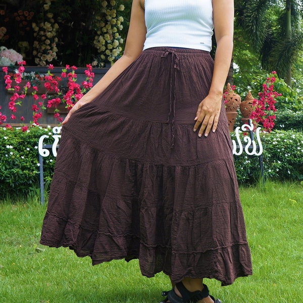 Brown Boho Skirt * Soft Flowing Cotton * Flared Tiered Maxi * Solid Plain Colors * Elasticated Waistband