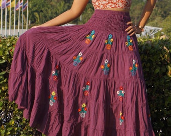 Floral Cotton Skirts * Long Boho * Flared Tiered Maxi * Embroidered Motifs * Elasticated Deep Waistband