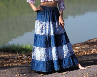 Blue Soft Cotton Skirts * Stonewash Faded Look * Denim Style * Floral Maxi Full * Medium Large