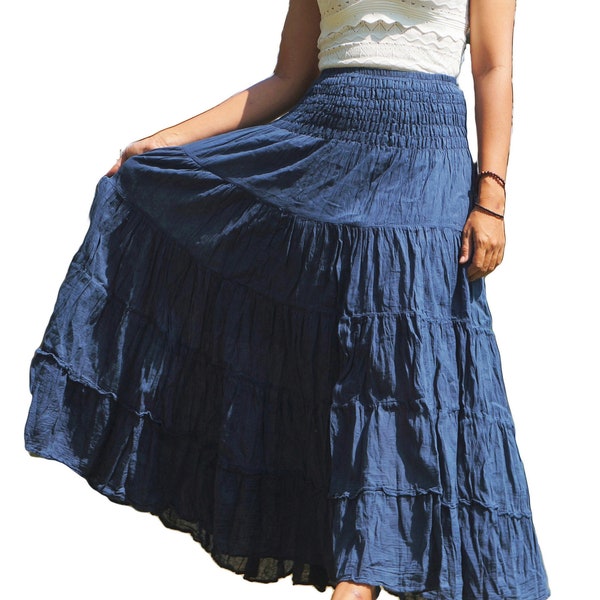 Navy Blue Skirt * Long Boho Cotton * Flared Tiered Maxi * Solid Plain Color * Elasticated Deep Waistband